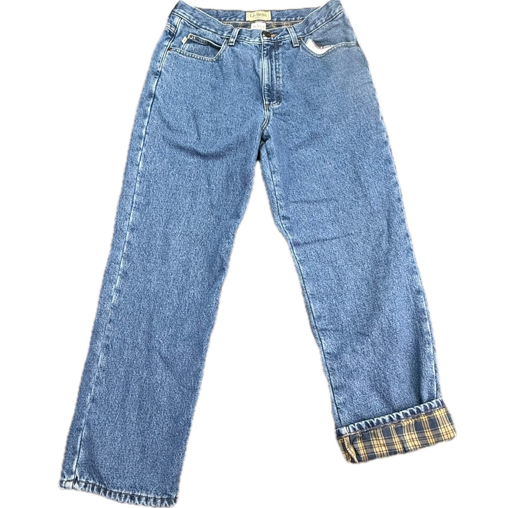 L.L. Bean Flannel Lined Jeans Mens 33x29 Blue Classic Fit Plaid Denim 100220